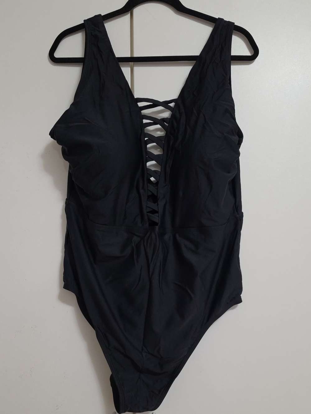Black One-Piece Swimsuit with Lattice Front